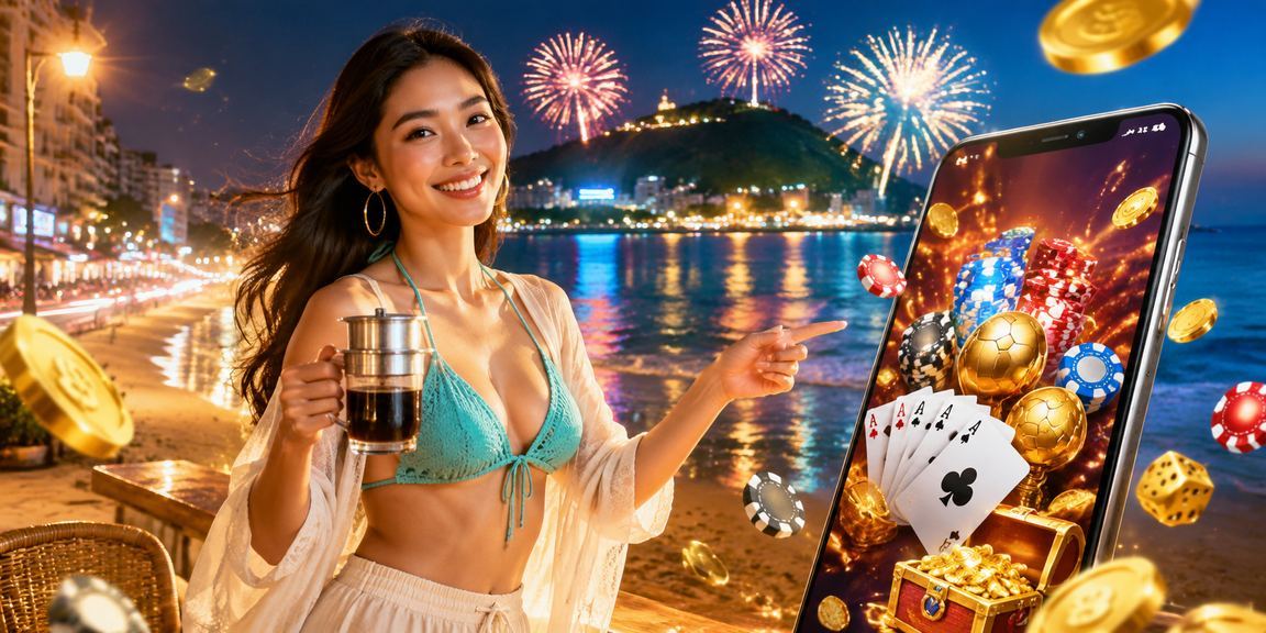 Người dùng Vũng Tàu chơi bài và uống cà phê trong không gian giải trí buổi tối ven biển
