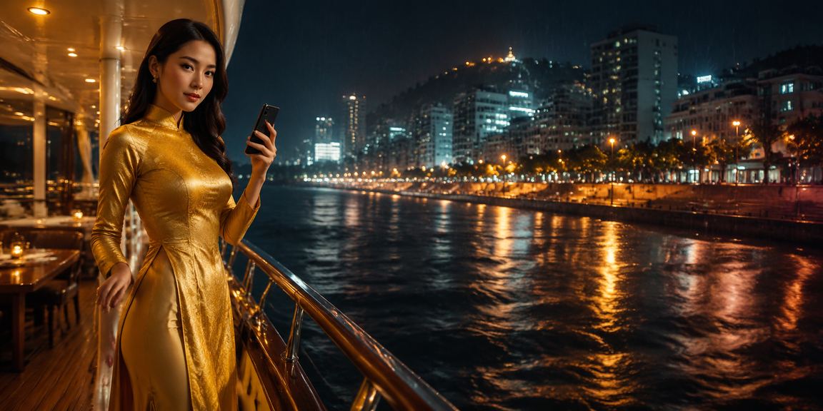 Người dùng Vũng Tàu mặc áo dài xem cá cược thể thao trực tuyến bên bãi biển
